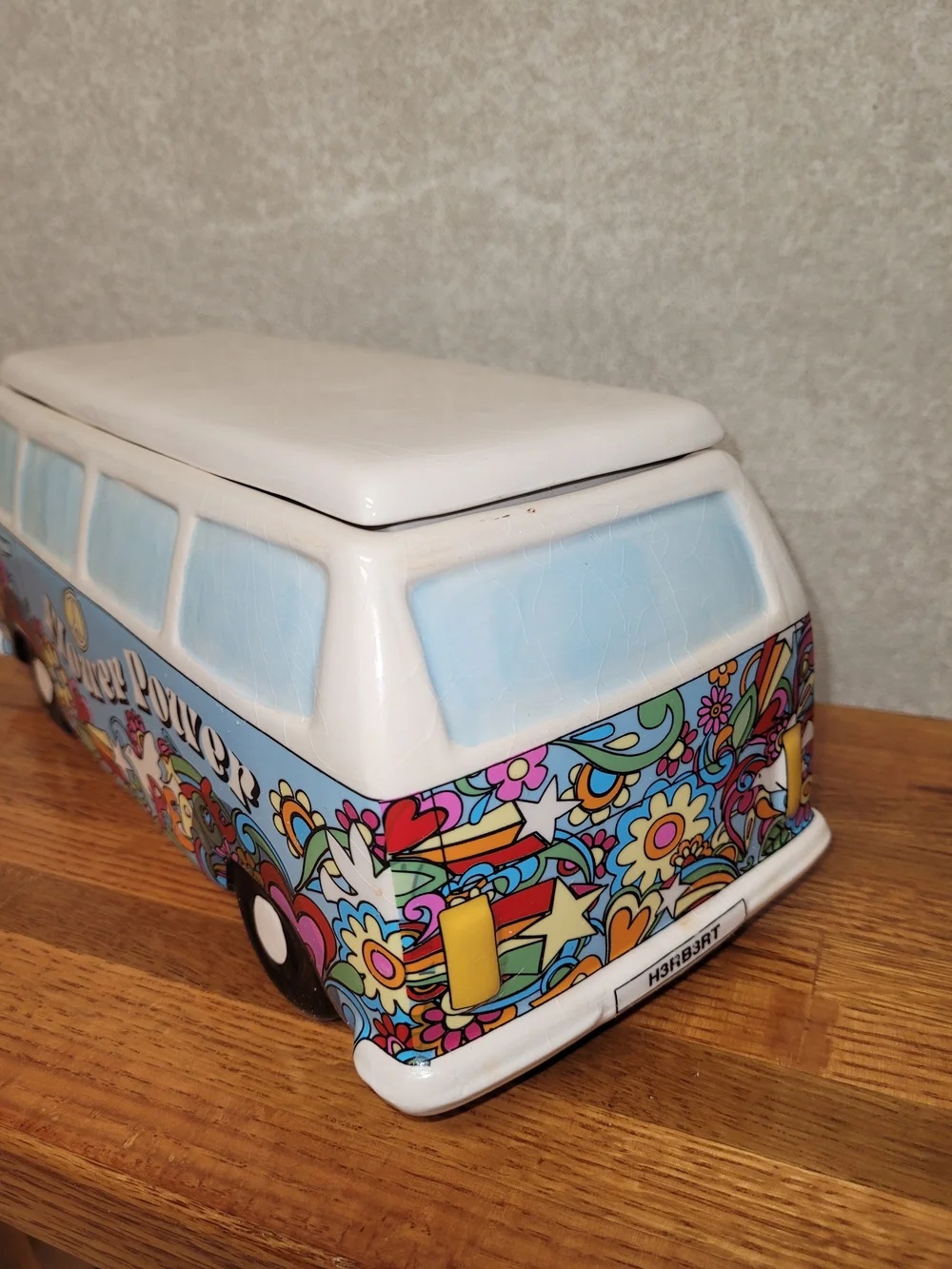 NIB Vintage Ceramic VW Bus Cookie Jar Groovy Hippie Floral Van Canister